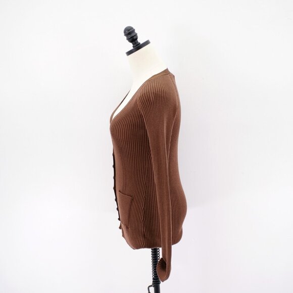 Bebe Brown Plunging V-Neck‎ Leather Button Cardigan Sweater Ribbed Cotton Small - Picture 4 of 7